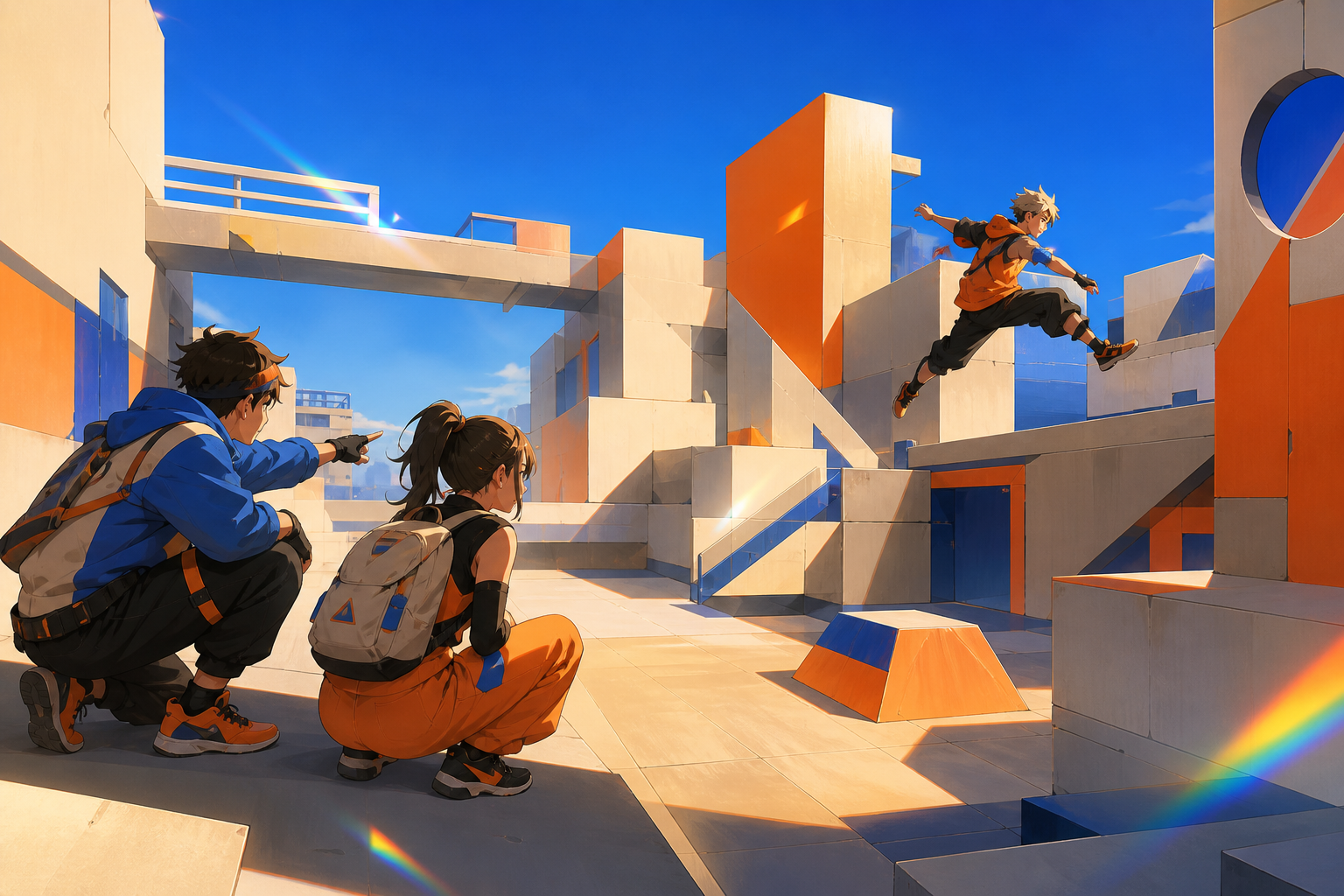 Young parkour friends mapping a safe route across geometric rooftops, on a bright weekend afternoon with ample safe open space. Low wide frame emphasizing the complete motion and landing area. Cobalt, persimmon orange, w