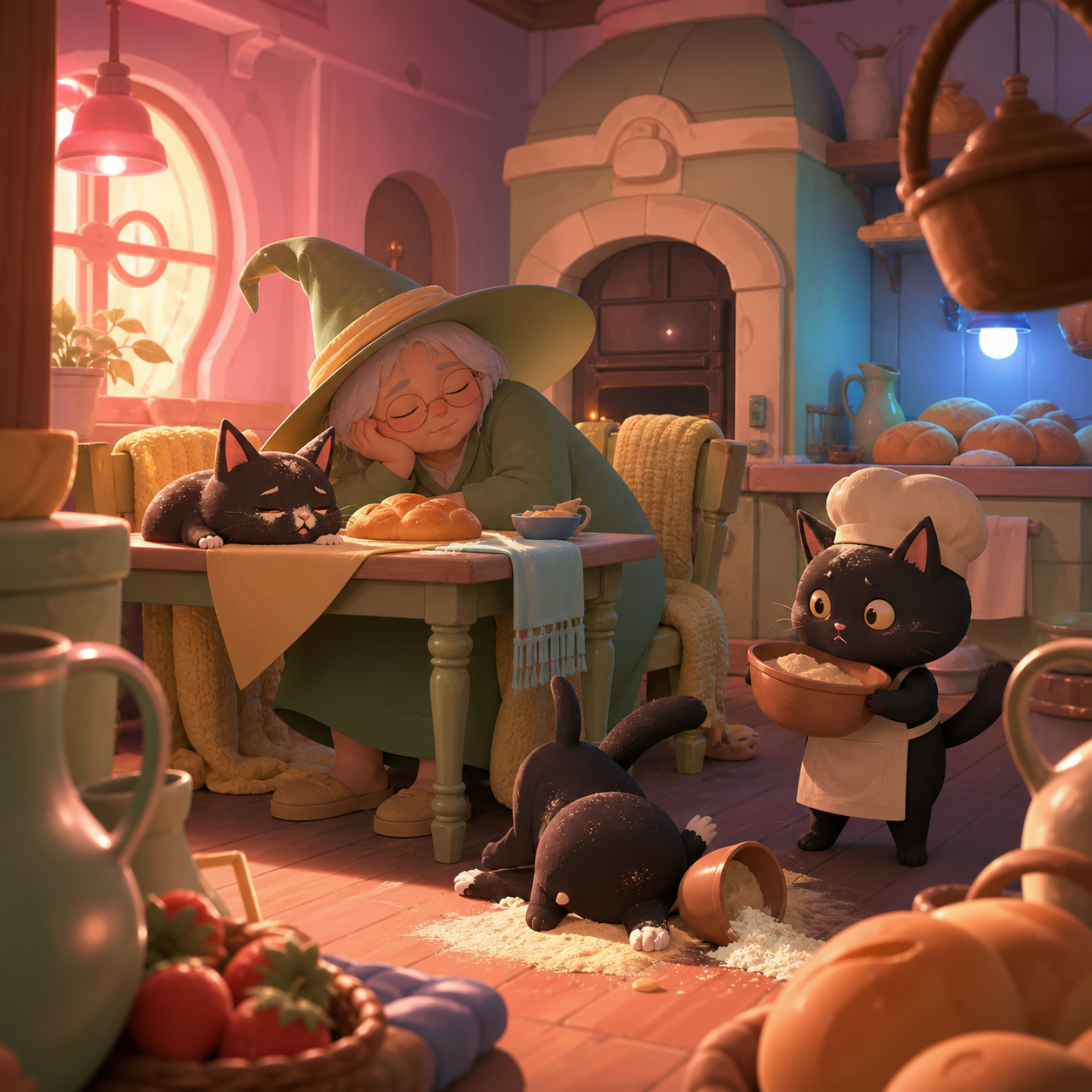 A tiny bakery shared by an elderly witch and several flour-covered familiars, during a quiet afternoon nap interrupted by one small mishap. Cozy eye-level view with foreground objects framing the scene. Soft pistachio, b