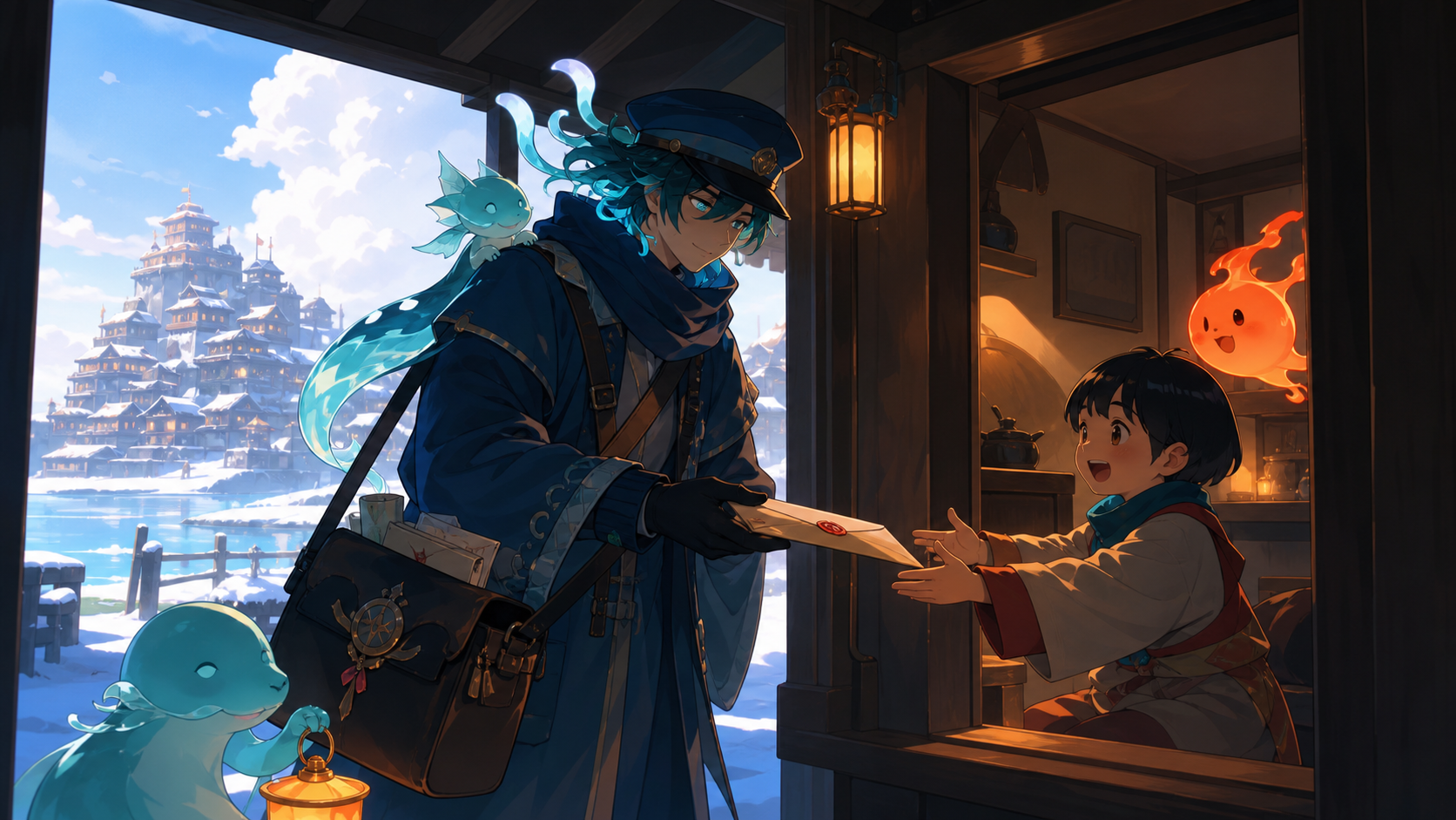 A river deity disguised as a tired rural mail carrier, at the edge of a village that appears only once every ten years. Balanced ensemble composition with one strong focal action. Petrol blue, oxide red, industrial gray,