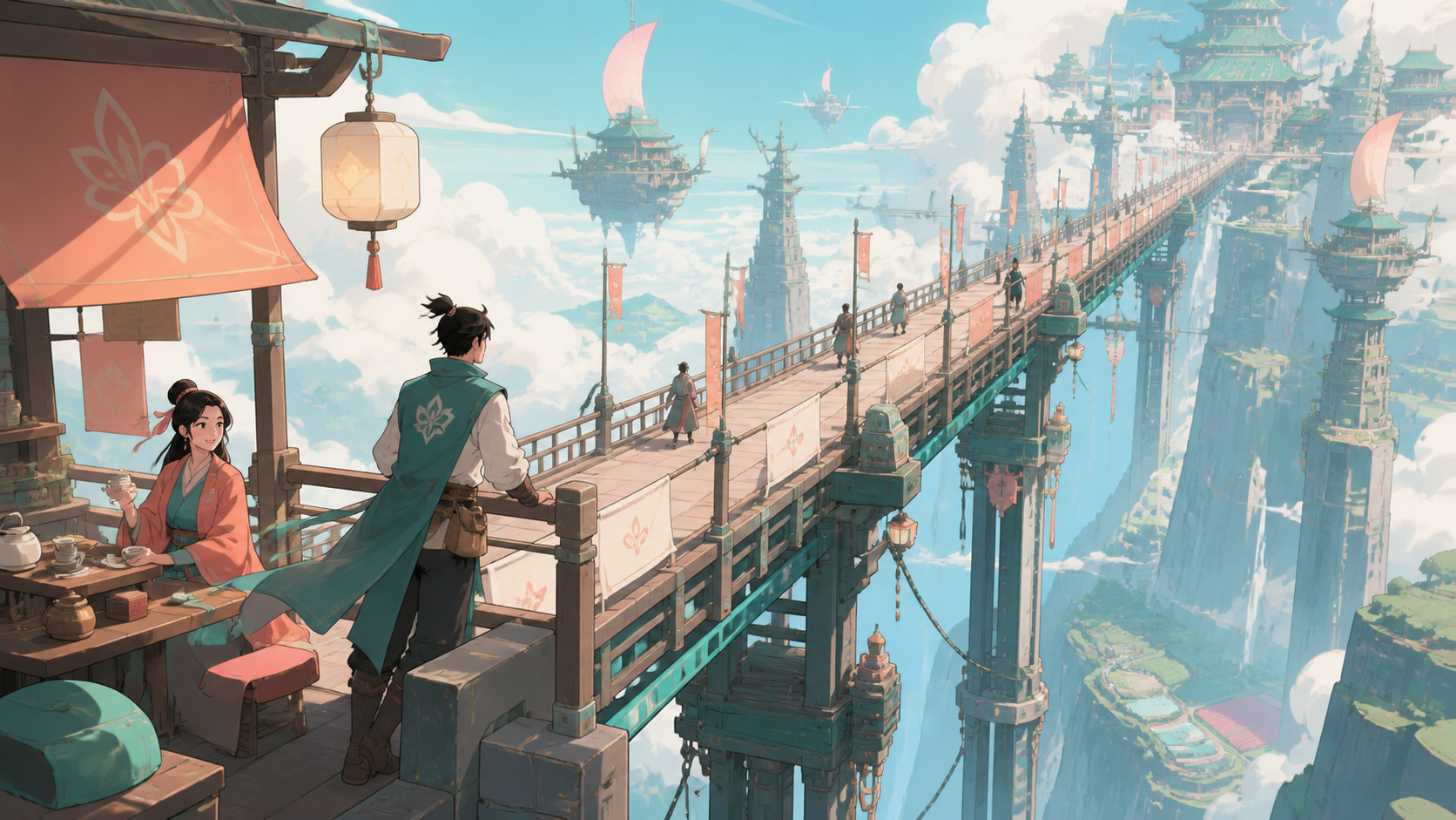 An impossibly long pedestrian bridge connecting two moving sky kingdoms, during clear morning weather that reveals the depth below. Vertigo-inducing vertical composition balanced by a calm foreground activity. Celadon, c