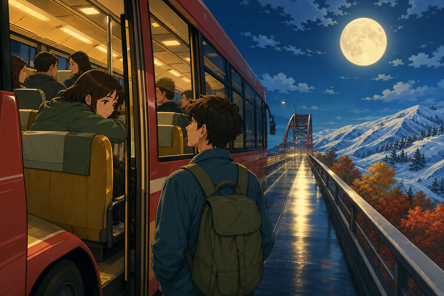 An overnight bus crossing a bridge that briefly passes through another season, centered on a small interaction among people who may never meet again. Platform view framing an intimate moment through open vehicle doors. C