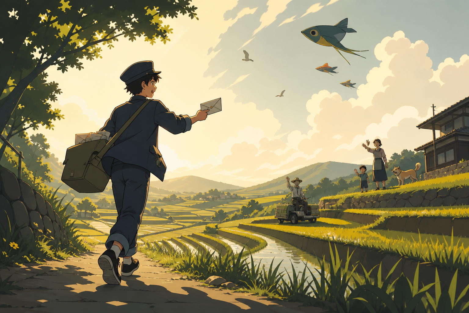 A teenage mail carrier delivering letters across terraced rice fields, during a breezy afternoon filled with ordinary countryside activity. Low viewpoint beside a field with characters moving toward the horizon. Moss gre