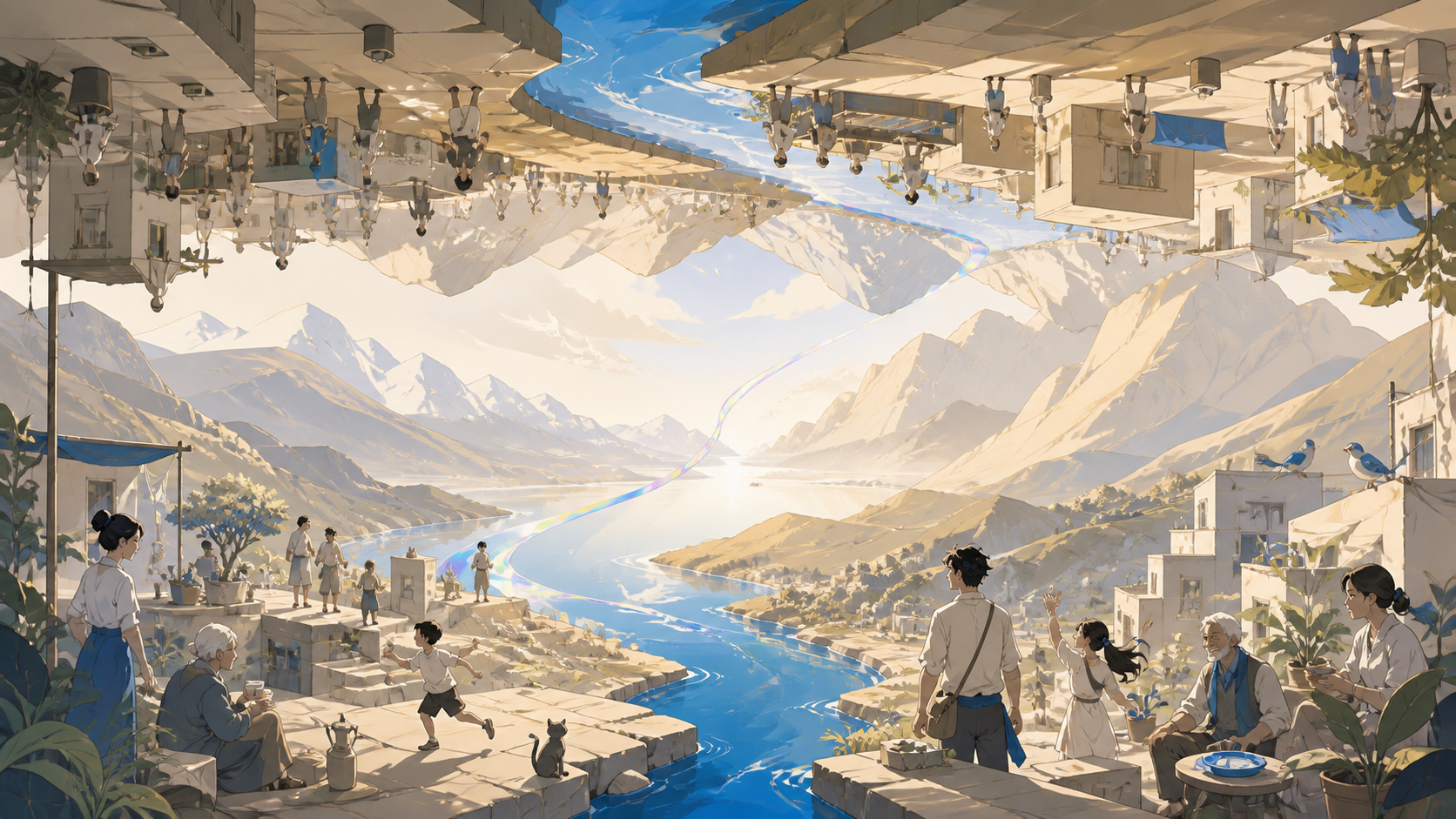 A river flowing between mirrored mountain valleys above and below, with both orientations equally livable and visually clear. Symmetrical wide frame with opposing worlds above and below. Soft monochrome with a single sat