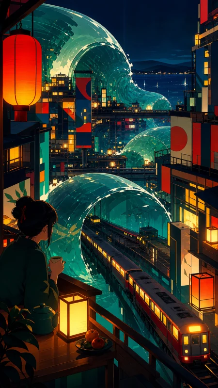 A vertical coastal city whose transit lines move through enormous transparent waves, on a humid night after rain, full of reflections and everyday life. Grand city panorama balance
