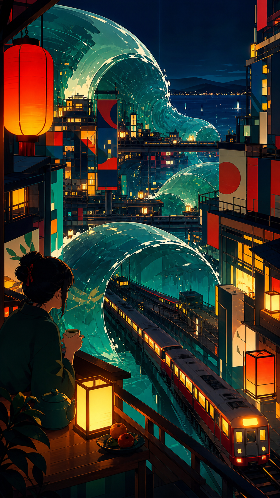 A vertical coastal city whose transit lines move through enormous transparent waves, on a humid night after rain, full of reflections and everyday life. Grand city panorama balanced by one intimate foreground detail. Eme