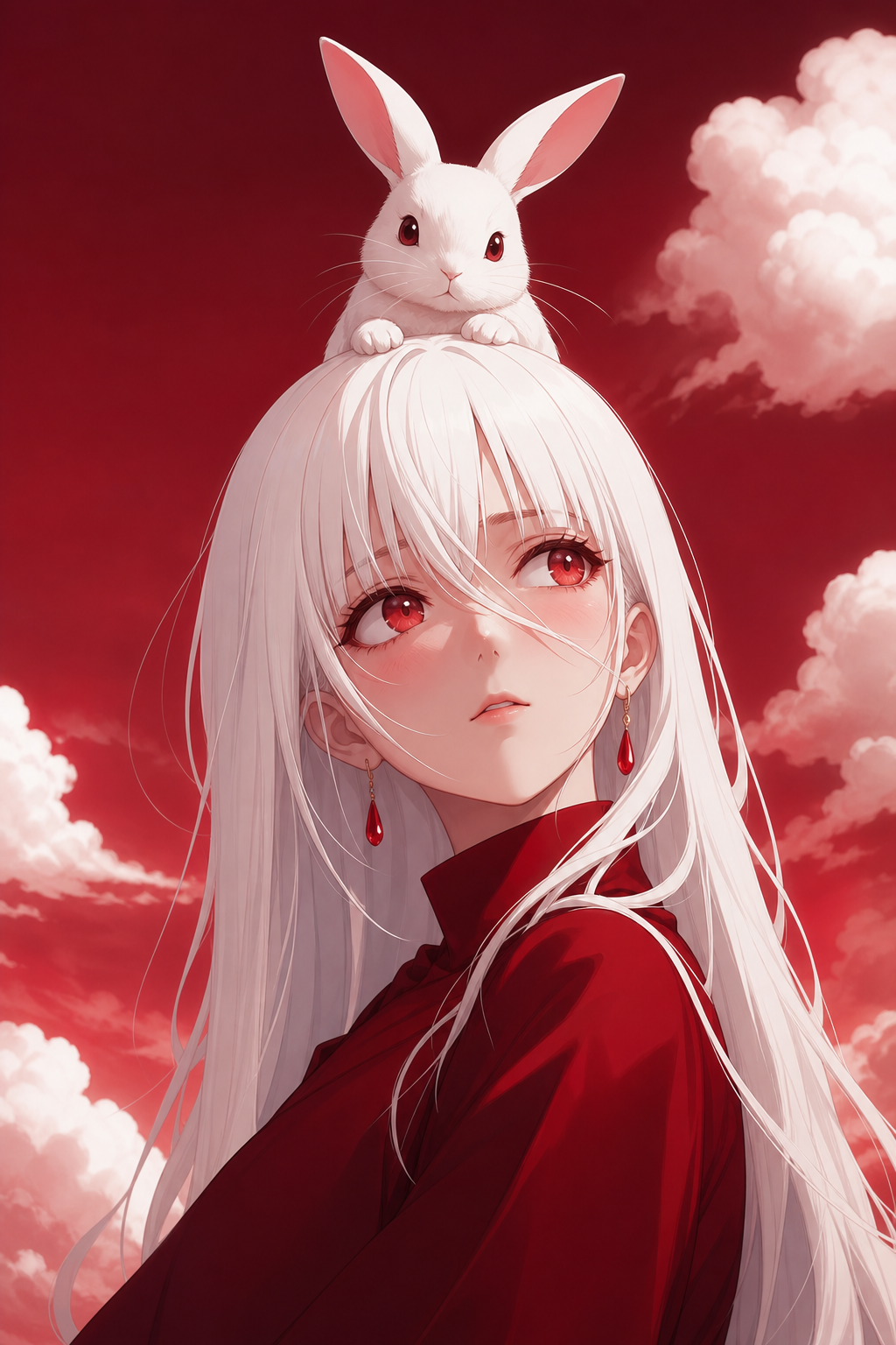 zidiusArt, anime-style, a young woman with long pure white hair and blunt bangs, head tilted slightly, face turned at a subtle three-quarter angle, one eye partially veiled by a loose strand of hair, wide expressive red 