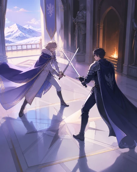 An exiled prince and palace captain crossing blades without hatred, at a tense non-gory turning point with both fighters fully readable. High-angle geometric composition built arou