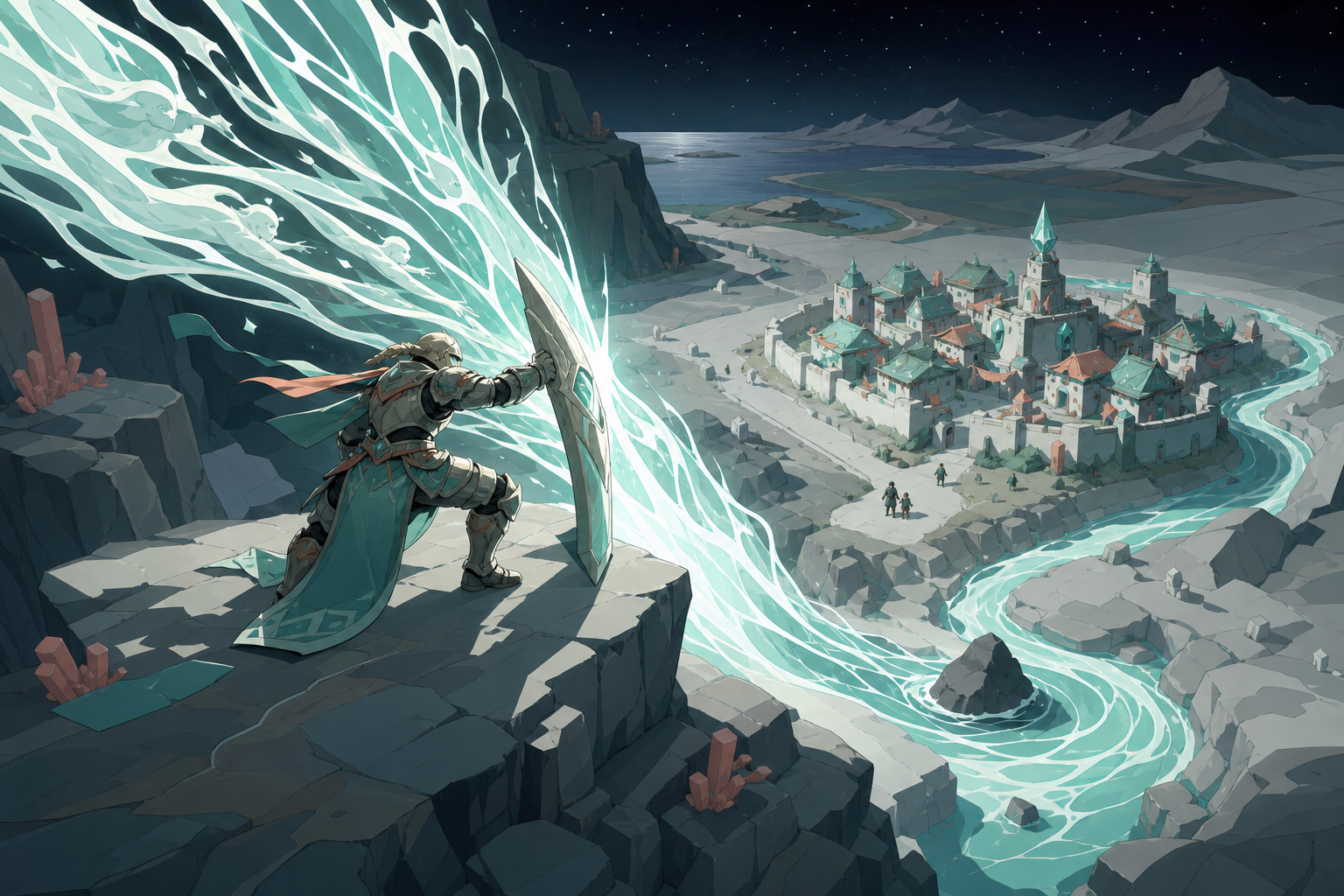 An armored guardian redirecting a river of living light away from a village, during a high-stakes task centered on protection rather than destruction. Overhead tactical composition showing objective, obstacle, and escape