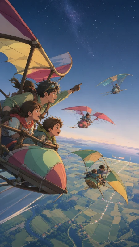 Families competing in colorful homemade airships above farmland, above a broad landscape with the finish line clearly visible. Vertical dive composition emphasizing altitude and ro