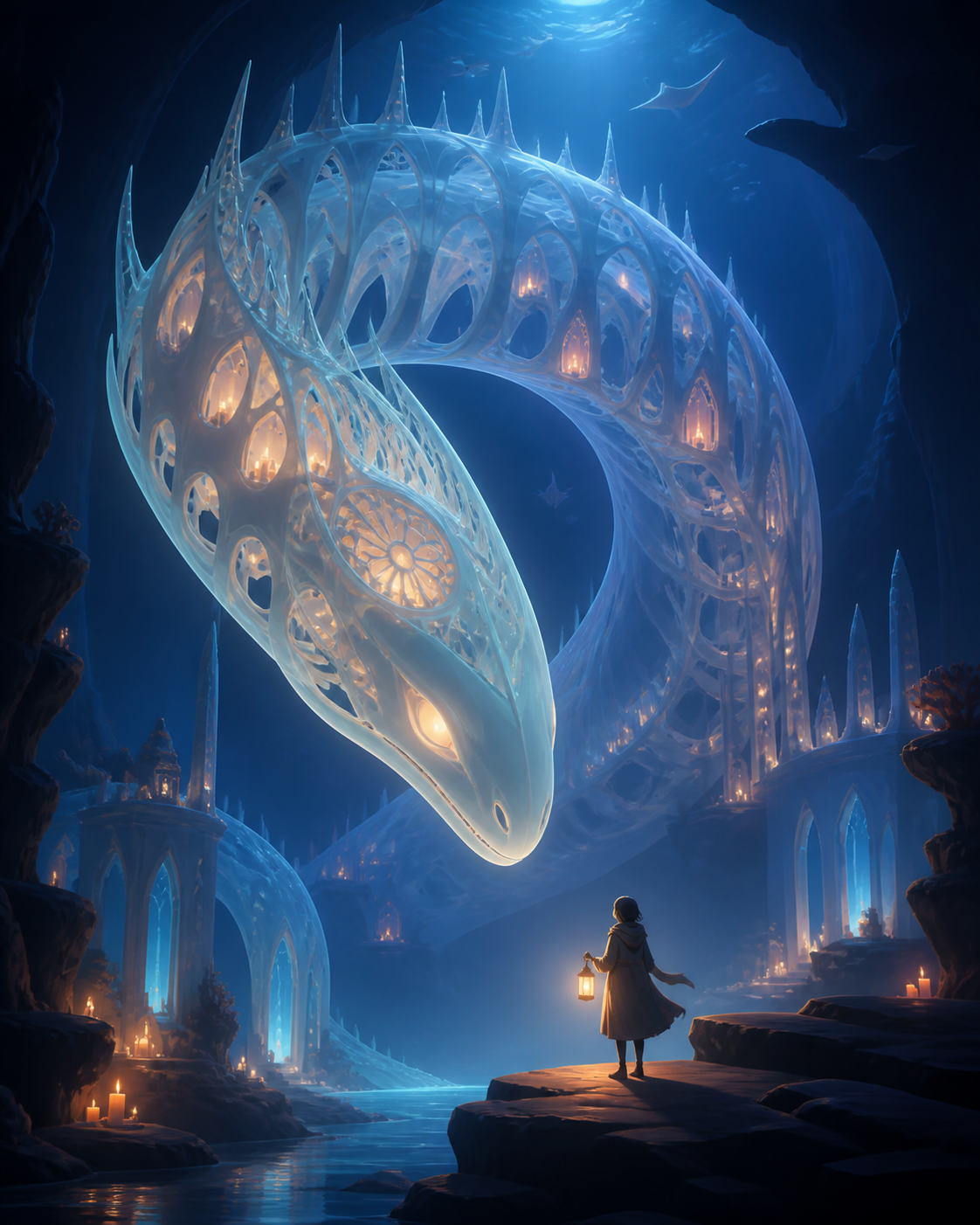 A translucent deep-sea serpent whose bones resemble a cathedral, meeting a lone traveler without hostility for the first time. Majestic full-body creature composition with environmental scale cues. Moonlit indigo, oxidiz