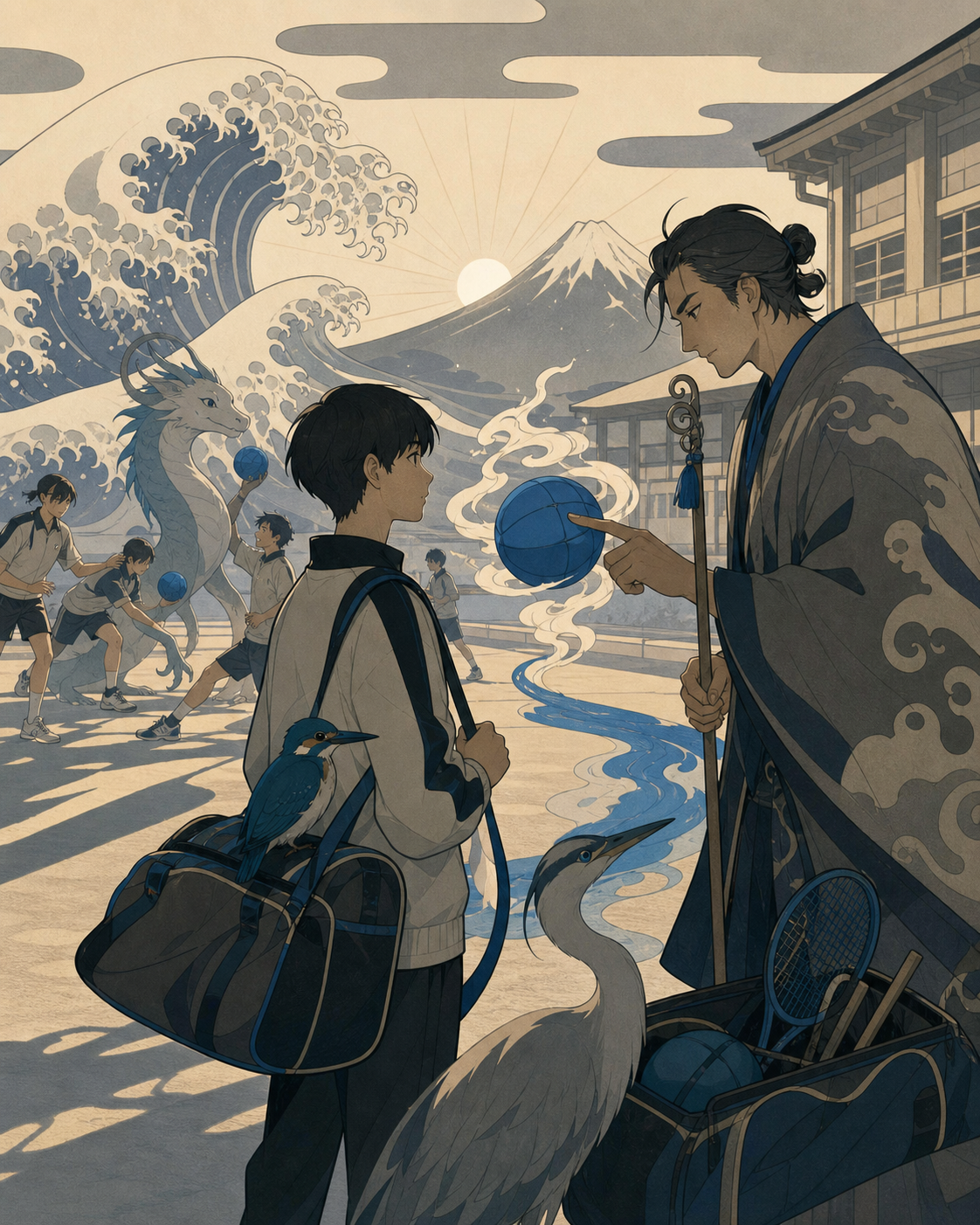 The school sports team training alongside friendly mythic creatures, on an ordinary school day shaped by one magical rule. Intimate teacher-student frame with the magical problem visible. Soft monochrome with a single sa