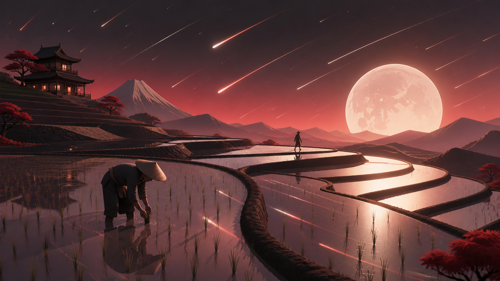 Terraced rice fields reflecting a meteor shower during planting season, with sparse human activity grounding an otherwise expansive landscape. Tranquil landscape panorama with a strong foreground-to-distance rhythm. Crim
