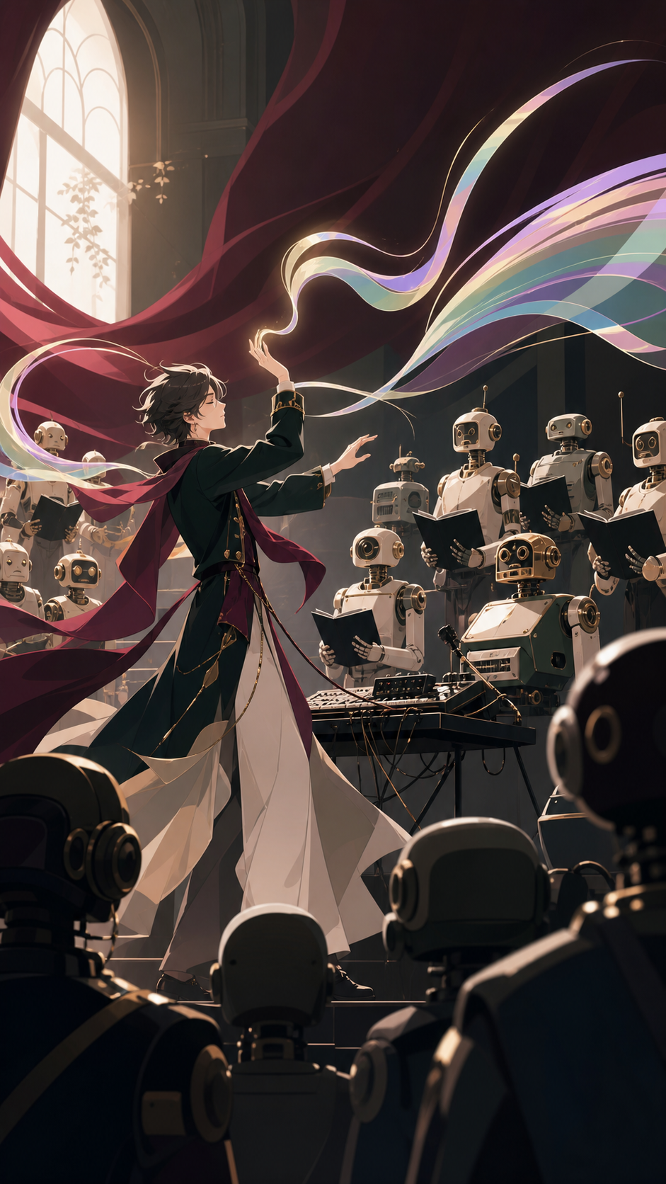 An electronic musician conducting a choir of obsolete household robots, seen from within the audience as sound visibly transforms the environment. Dynamic stage-wide frame with movement radiating from the lead performer.