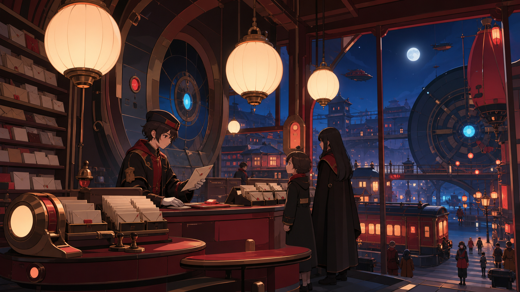 A postal clerk sorting letters addressed to their senders ten years from now, at closing time when one final request changes the mood of the room. Wide neighborhood view connecting the shop interior to activity outside. 