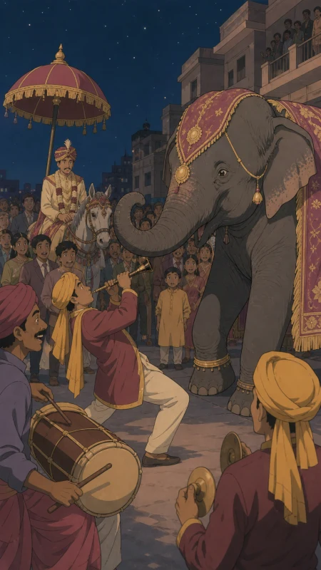 A wedding procession halted by a friendly escaped elephant, during an ambitious performance or competition before a large crowd. Train-car interior with many compact human stories 