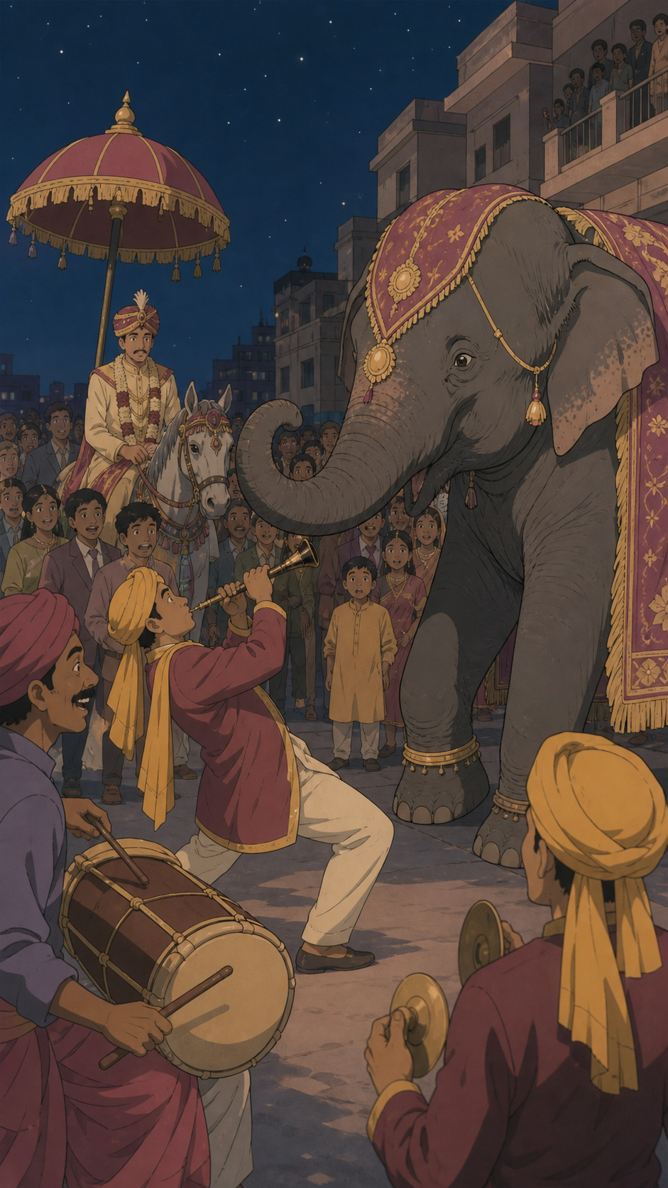 A wedding procession halted by a friendly escaped elephant, during an ambitious performance or competition before a large crowd. Train-car interior with many compact human stories in a single frame. Muted rose, parchment