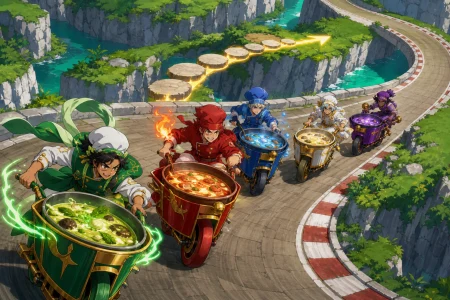 Rival chefs delivering enchanted soup by one-wheeled kitchen carts, during the final turn with every competitor still in contention. Elevated course map-like view organized around 