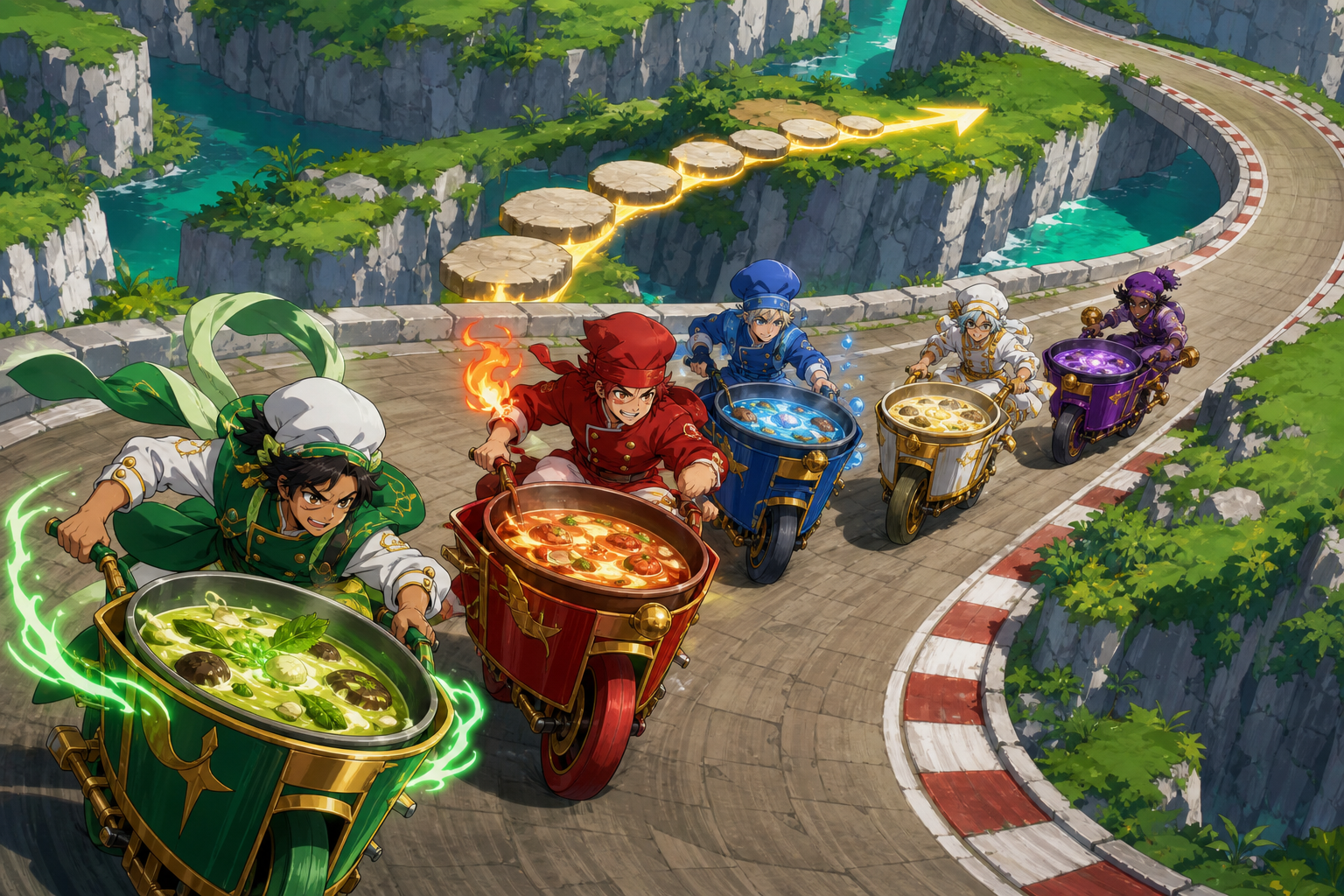 Rival chefs delivering enchanted soup by one-wheeled kitchen carts, during the final turn with every competitor still in contention. Elevated course map-like view organized around one decisive shortcut. Emerald, stained-