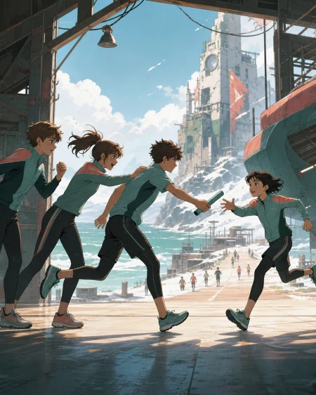 A school relay team coordinating the final baton pass, as teammates encourage the least experienced participant. Side-on sports frame preserving accurate body mechanics. Sea-glass 