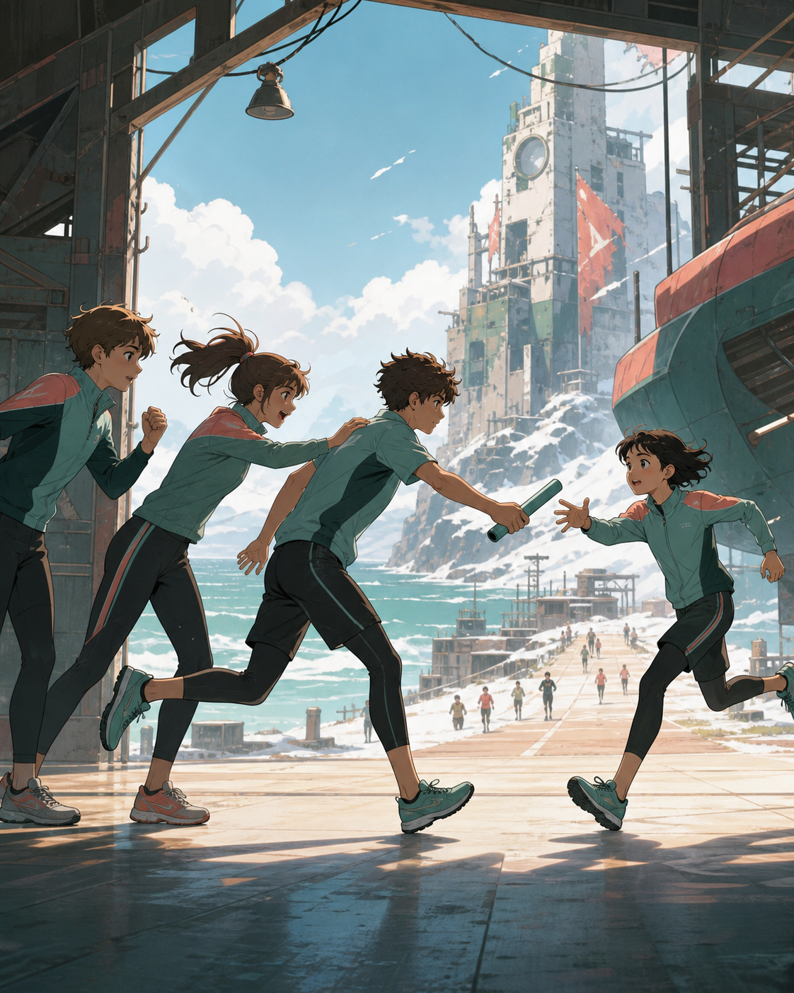 A school relay team coordinating the final baton pass, as teammates encourage the least experienced participant. Side-on sports frame preserving accurate body mechanics. Sea-glass green, faded coral, storm gray, and salt