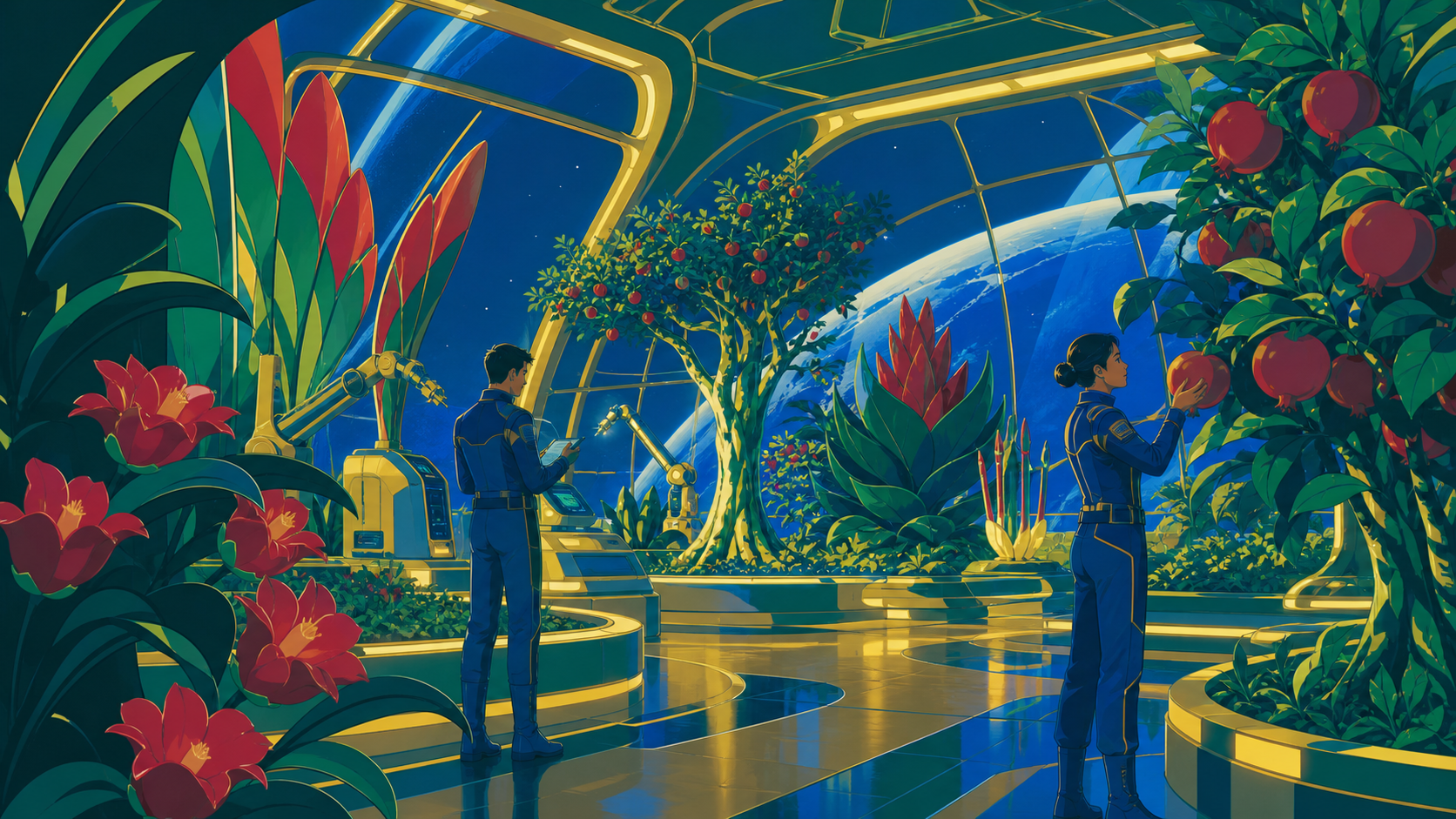 A greenhouse spacecraft tending the last orchard from Earth, at a peaceful moment of cooperation between technology and living systems. Architectural greenhouse vista structured by repeating organic forms. Emerald, stain