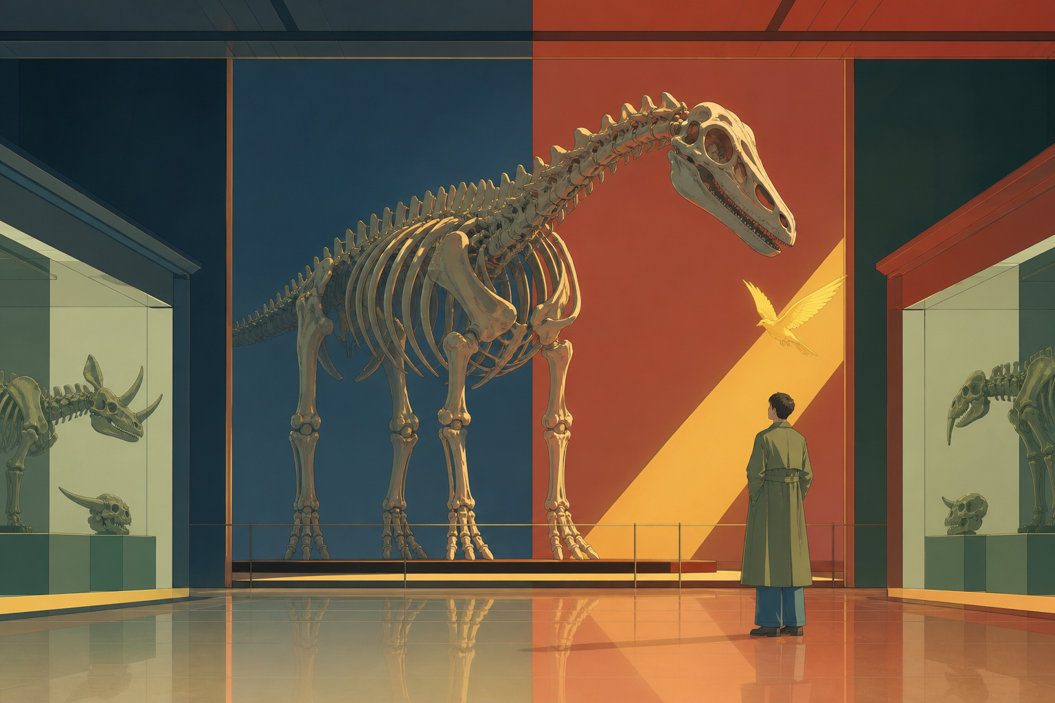 A natural history hall where one enormous skeleton remembers being alive, at the instant one carefully arranged display breaks its established rule. Symmetrical exhibition frame interrupted by one gently impossible objec