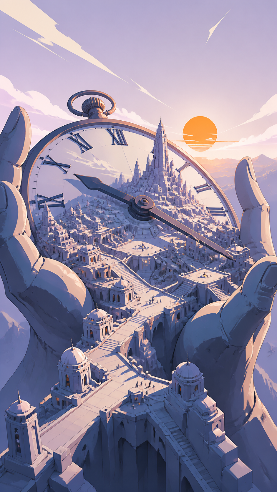 A city built in the still space between the hands of a giant stopped clock, treated as inhabitable geography rather than a symbolic poster. Extreme wide view organized around one unforgettable silhouette. Pale lavender, 