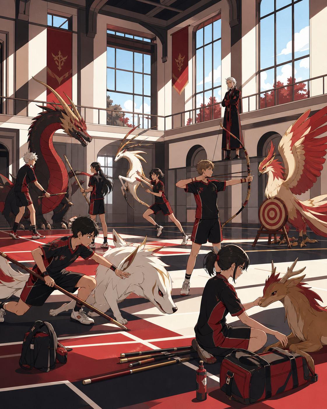 The school sports team training alongside friendly mythic creatures, during age-appropriate learning with clear supervision. Classroom-wide ensemble with every student's activity clearly separated. Crimson, black cherry,