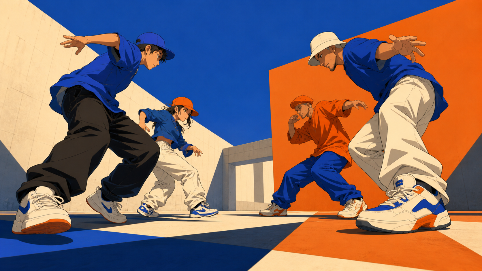 Teen street dancers facing a veteran duo in a public plaza, at the strongest pose of a friendly exchange rather than a hostile fight. Low side angle focused on footwork and opposing movement lines. Cobalt, persimmon oran