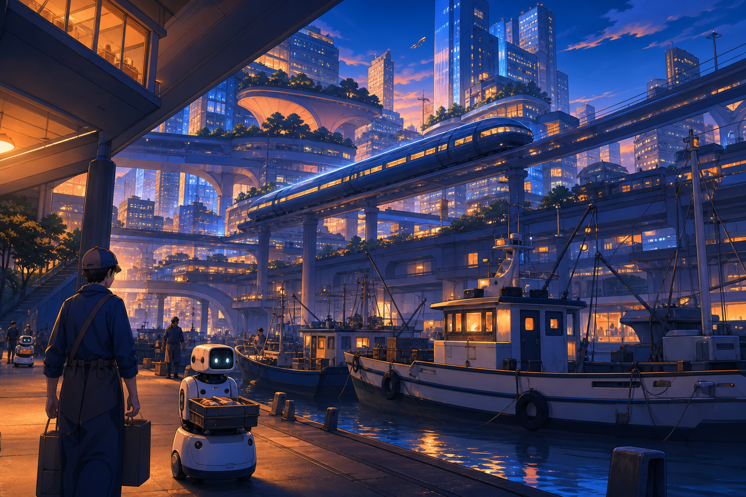 A neon harbor where fishing boats coexist with gentle service robots, during the blue hour as thousands of windows begin to glow. Street-level cinematic view looking upward through layered architecture. Cobalt, persimmon
