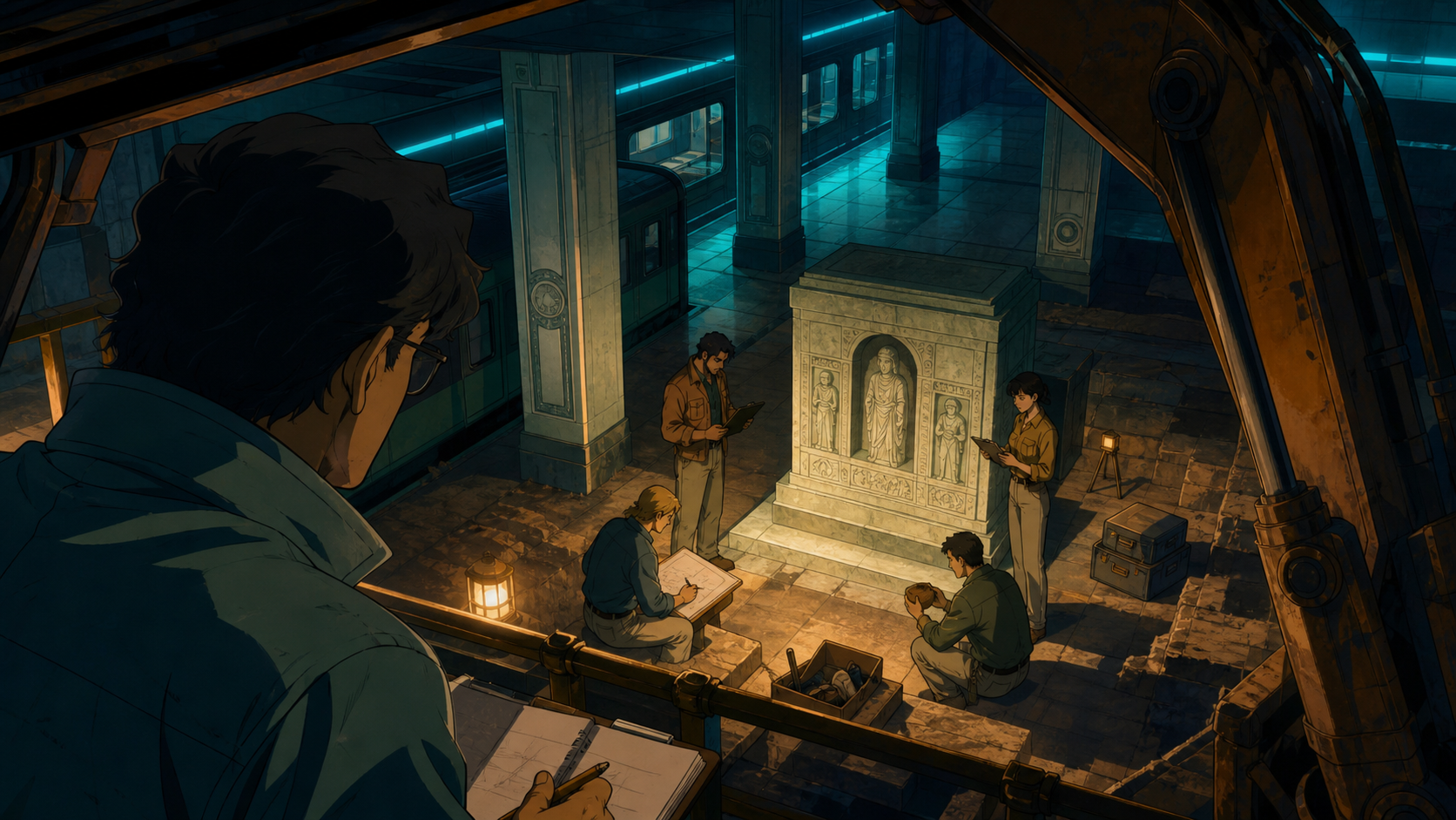 An adult archaeologist uncovering a subway platform beneath an ancient hill fort, with the team quietly comparing evidence around one central discovery. Over-the-shoulder reveal framed by excavation equipment. Moonlit in