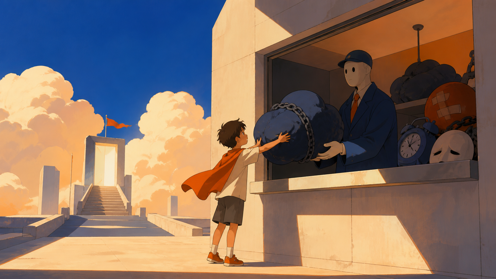 A child returning oversized worries to a quiet lost-and-found office, with gentle surrealism and a hopeful emotional turn. Poetic centered composition built around one symbolic action. Cobalt, persimmon orange, warm conc