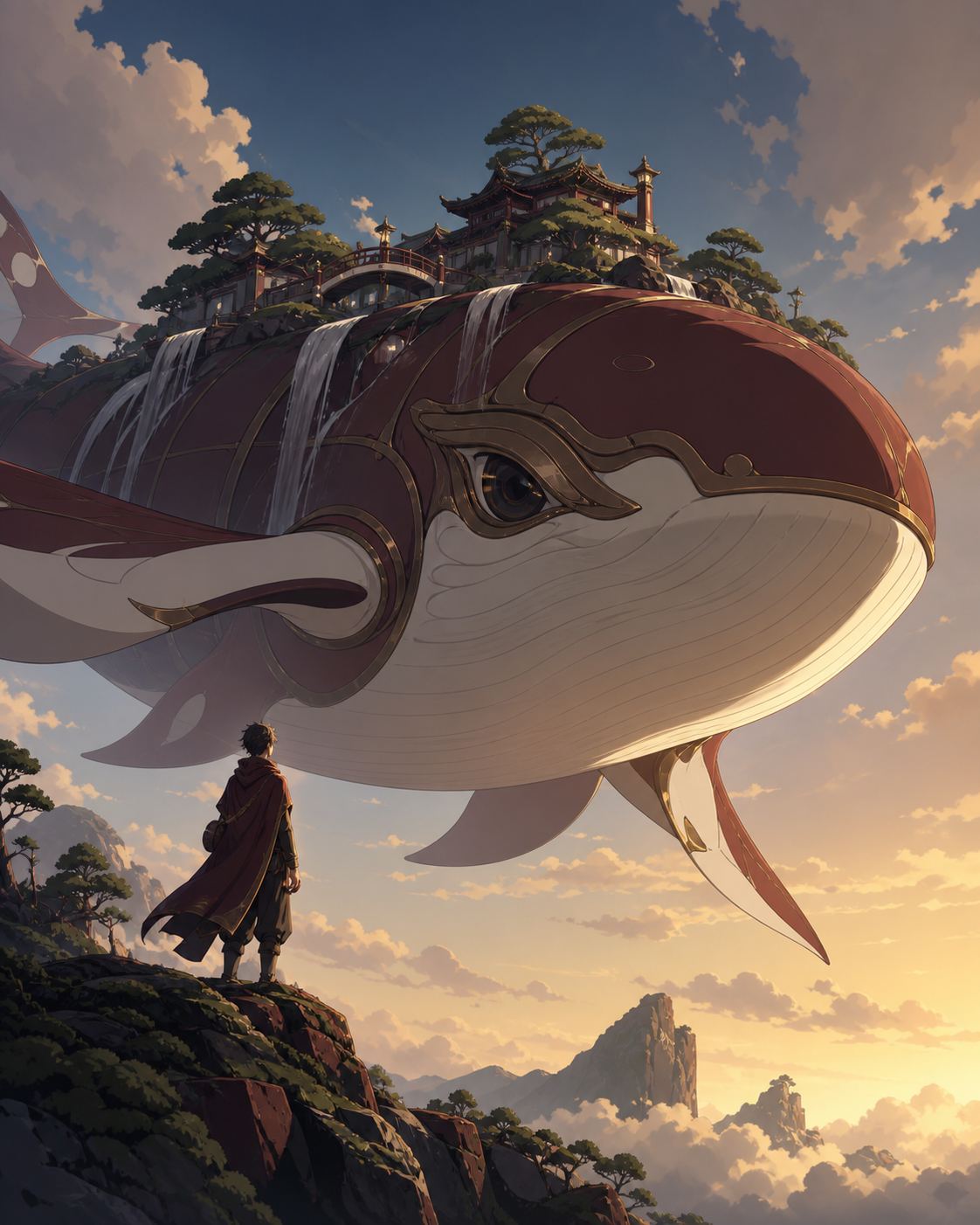A colossal sky whale carrying a miniature shrine garden on its back, meeting a lone traveler without hostility for the first time. Low-angle encounter framed by terrain and atmospheric depth. Burgundy, midnight green, bo