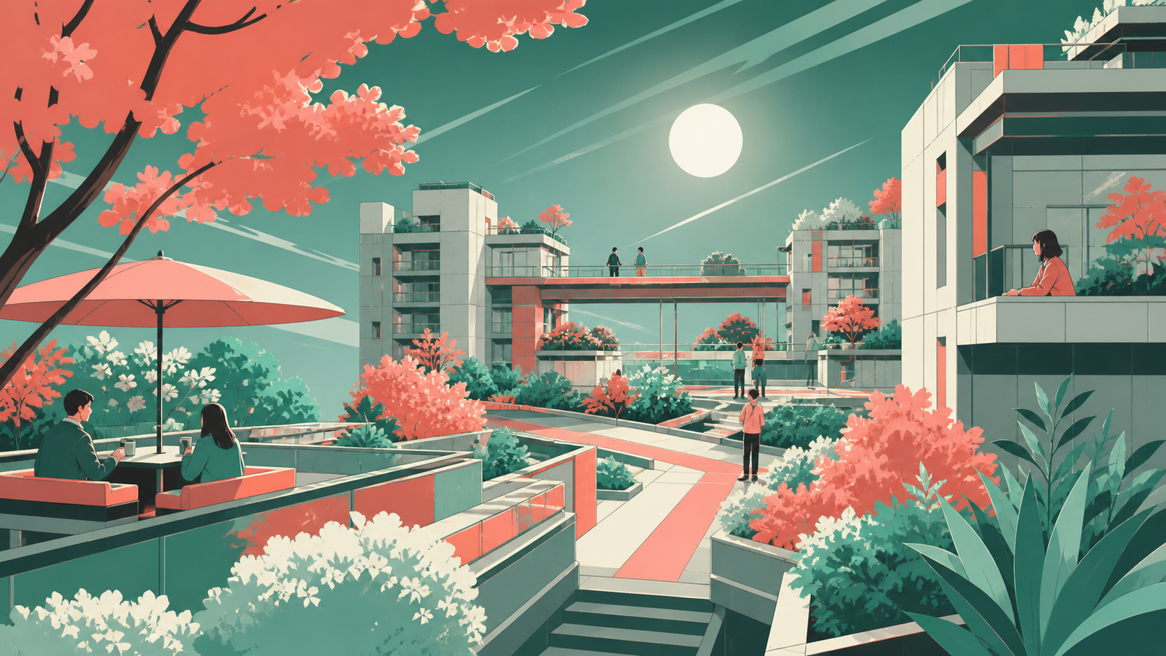 A rooftop garden connecting several apartment towers, at peak seasonal color represented through broad clean masses. Wide designed-landscape view with a clear path through several garden rooms. Sea-glass green, faded cor