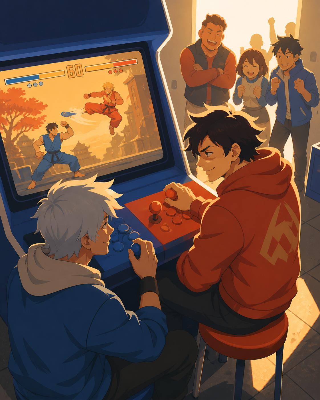 Two rival arcade champions meeting for a friendly rematch after many years, during a competitive but affectionate turning point. Overhead-leaning social composition centered on one decisive move. Cobalt, persimmon orange