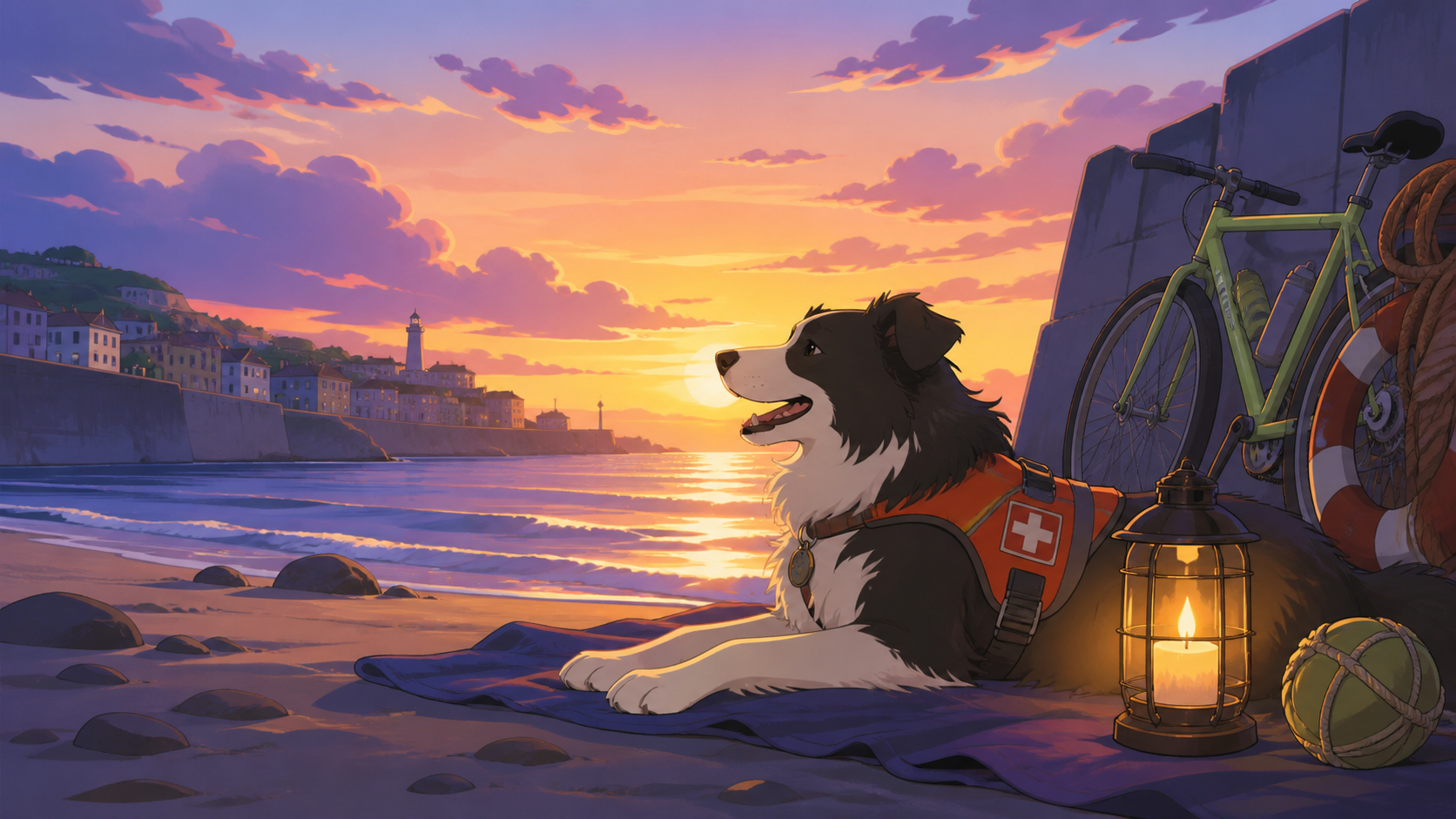 A coastal rescue dog enjoying its first day off in months, at sunset after the busiest visitors have gone. Low beach-level view looking toward the sea and distant town. Acid lime, ultraviolet, matte navy, and translucent