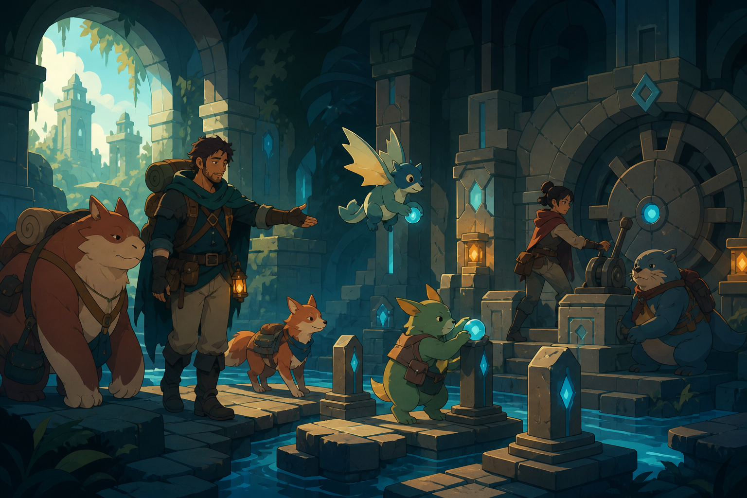 A weary guild escort guiding rescued creatures through bioluminescent ruins, solving an environmental obstacle through teamwork rather than combat. Wide party tableau that makes the environment feel explorable. Petrol bl