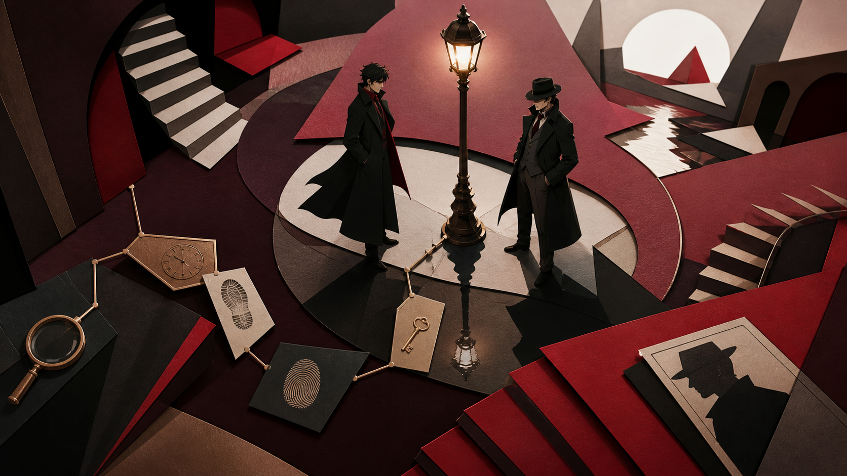 Two rival investigators meeting beneath the last working streetlamp, inside a precise but surreal investigation scene with no violence shown. Graphic high-angle investigation tableau with clues forming a visual path. Cri