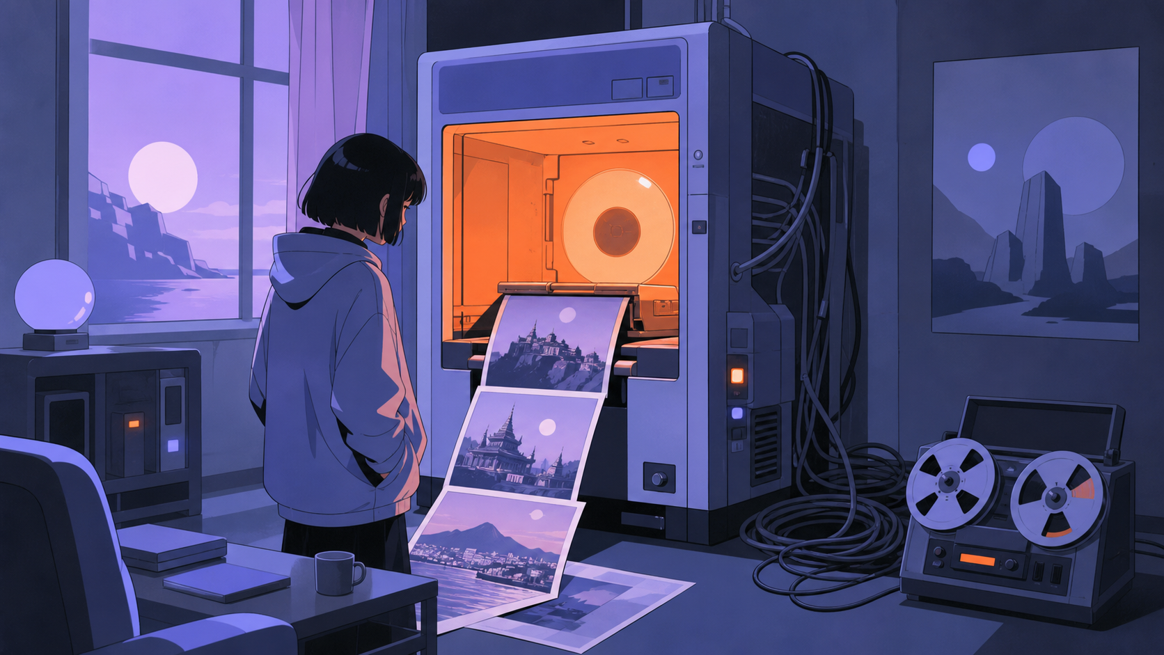 A photo booth developing portraits of places its customers have not visited yet, at the exact moment an old recording reveals an unexpected connection. Nostalgic room-wide frame organized around one active machine. Pale 