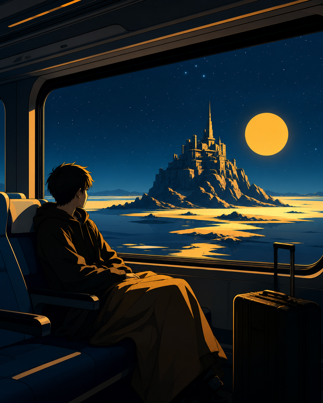 A lone traveler waking as the train passes an impossible island, between stations as the passing landscape becomes the main story. View across the carriage toward a large landscape-filled window. Saffron, peacock blue, d