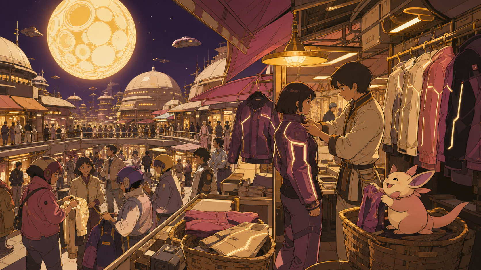 A tailor fitting reactive jackets in a narrow open-air booth, at the busiest hour with many distinct but readable transactions. Elevated composition revealing intersecting paths and stall clusters. Muted rose, parchment,