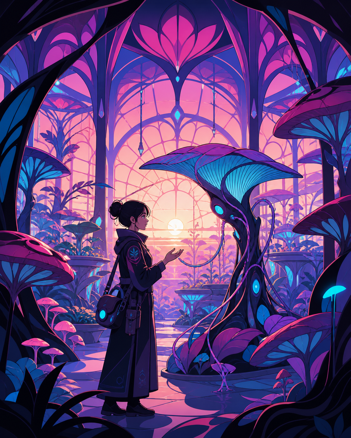 An adult botanist negotiating with a newly intelligent fungal forest, at a peaceful moment of cooperation between technology and living systems. Architectural greenhouse vista structured by repeating organic forms. Satur