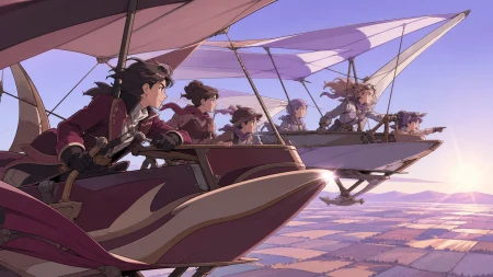 Families competing in colorful homemade airships above farmland, as changing winds force every competitor to choose a different route. Close side view of two racers against a simpl