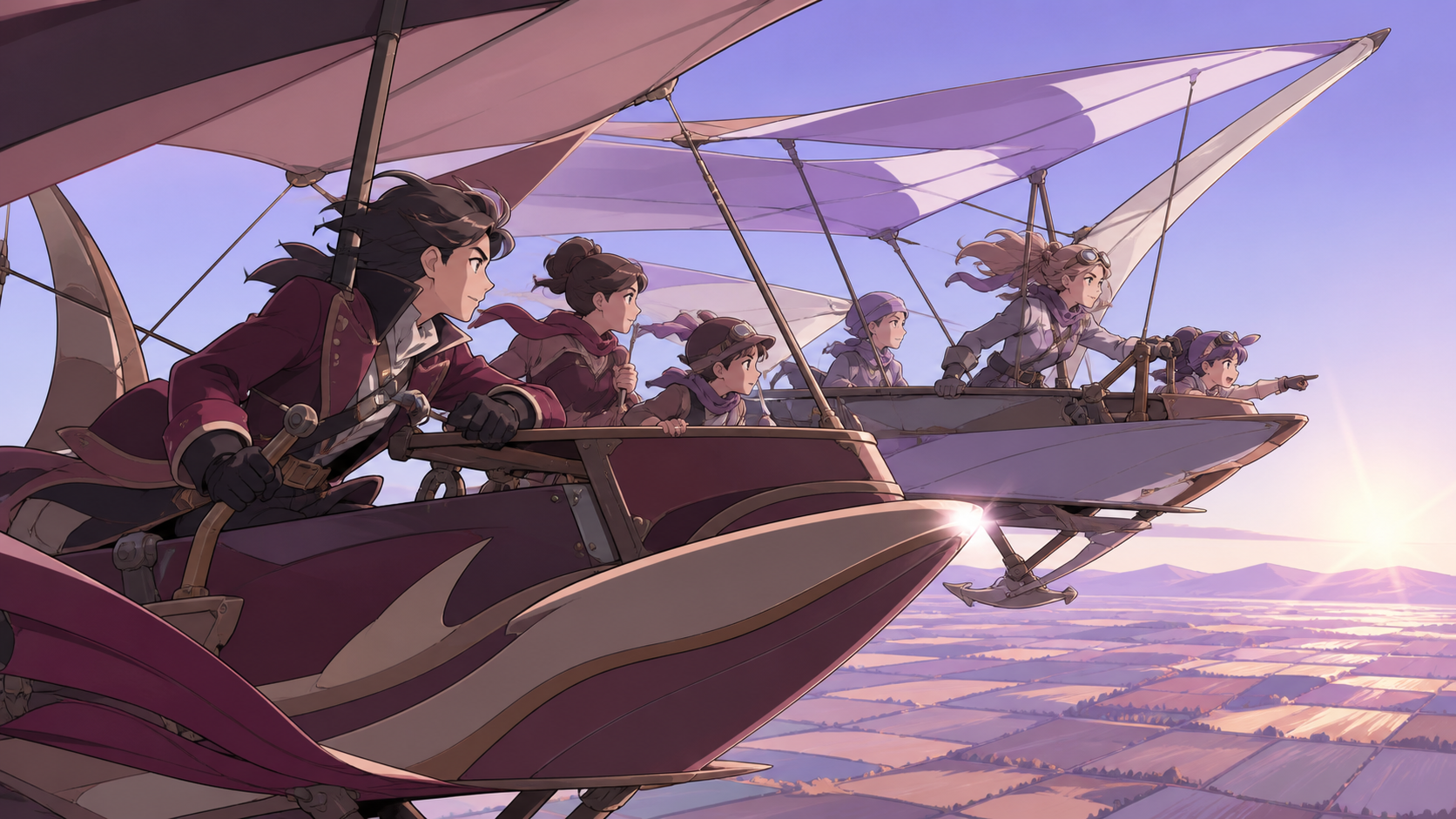 Families competing in colorful homemade airships above farmland, as changing winds force every competitor to choose a different route. Close side view of two racers against a simple distant landscape. Mulberry, tea brown