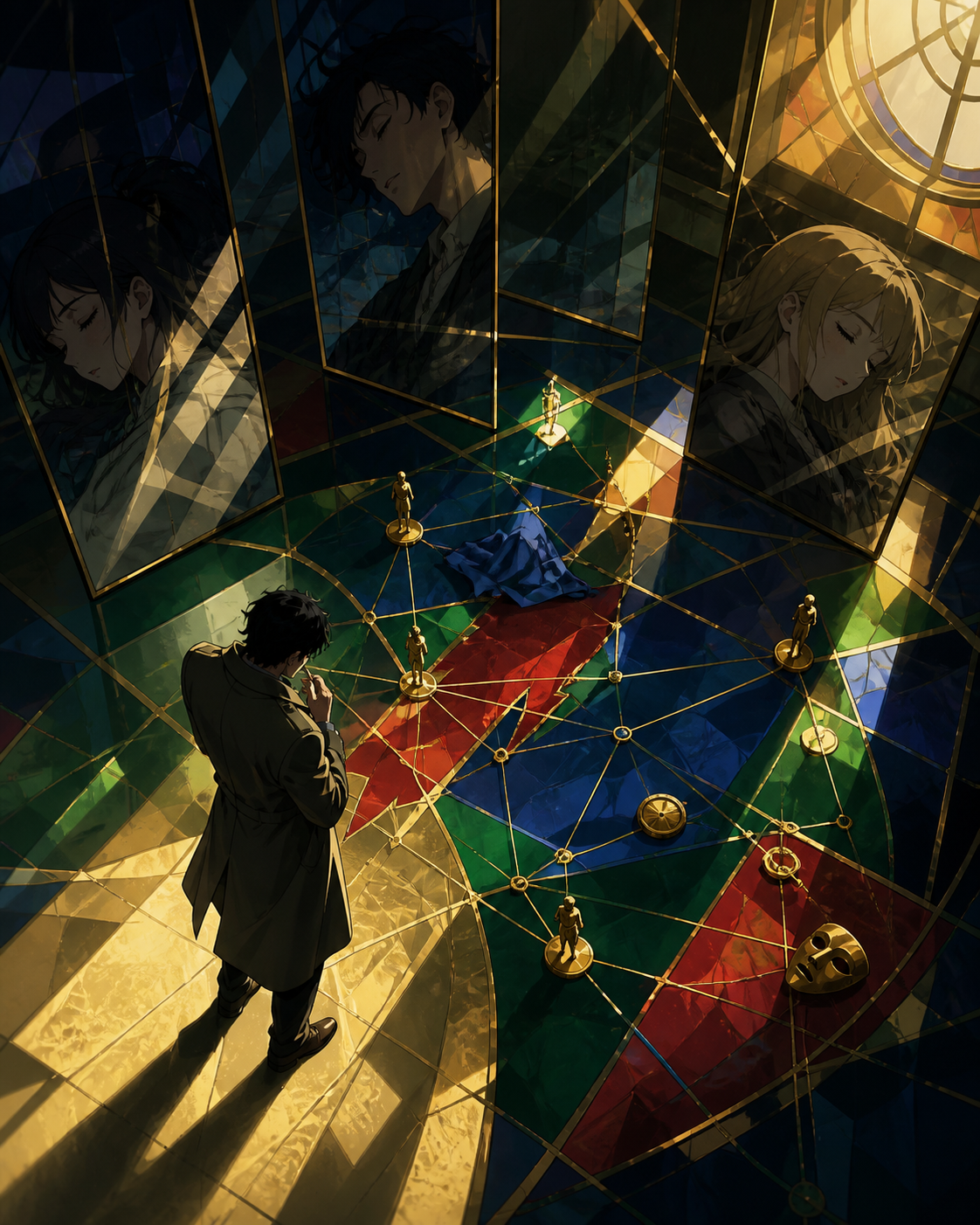 An adult detective reconstructing a crime that occurred inside a shared dream, during a rain-heavy night with no obvious culprit in sight. Graphic high-angle investigation tableau with clues forming a visual path. Emeral