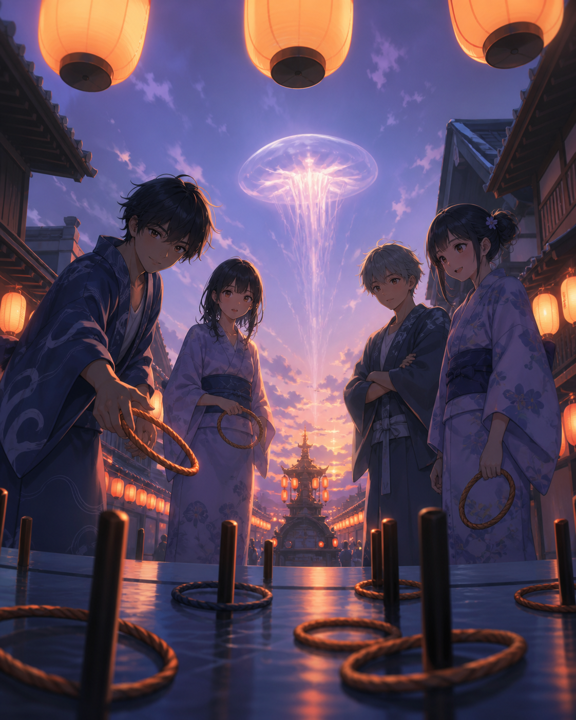 Teen friends competing at a ring-toss stall before the evening parade, in the calm hour after the final visitors have gone. Low-angle parade view framed by lantern lines and rooftops. Pale lavender, icy blue, graphite, a