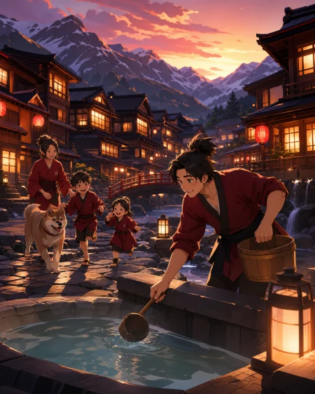 An innkeeper preparing outdoor baths before sunrise, on a cold evening when every window feels welcoming. Wide mountain-town establishing shot balanced by a small family group. Cri