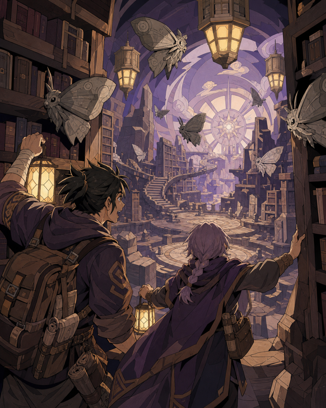 Two treasure hunters navigating a library patrolled by stone moths, at the first reveal of a spectacular unexplored chamber. Over-the-shoulder discovery frame revealing a large navigable space. Mulberry, tea brown, tarni