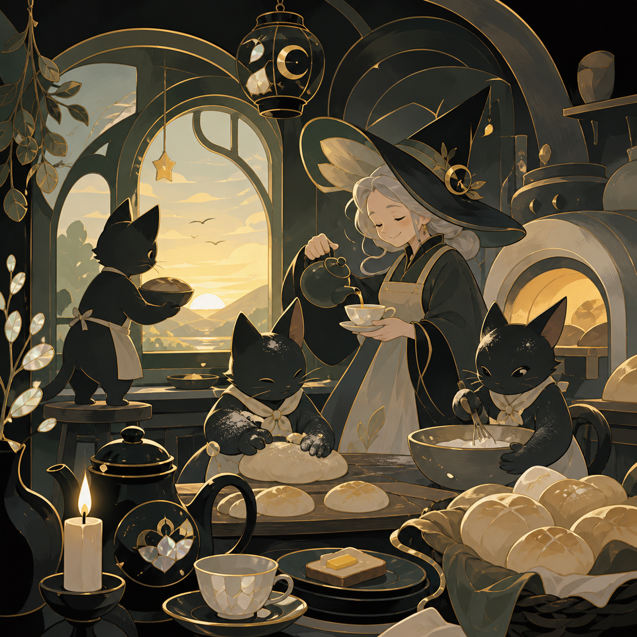 A tiny bakery shared by an elderly witch and several flour-covered familiars, at sunrise while breakfast and tea are being prepared. Cozy eye-level view with foreground objects framing the scene. Moss green, slate gray, 