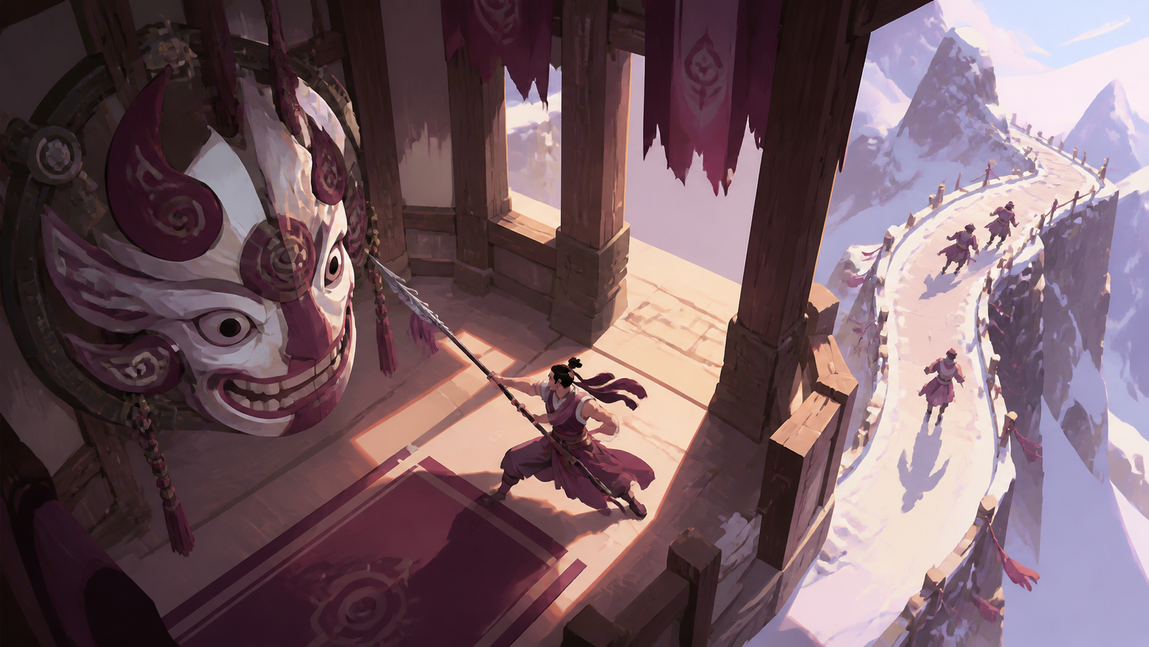 An adult spear dancer holding a mountain pass against a giant ceremonial mask, shown through skillful movement and environmental interaction. Overhead tactical composition showing objective, obstacle, and escape route. M